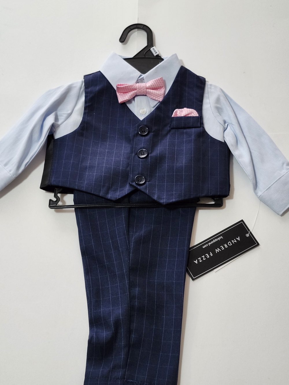 Andrew Fezza Navy Pinstripe Vest & Pants with Light Blue Shirt and Pink Bow Tie
